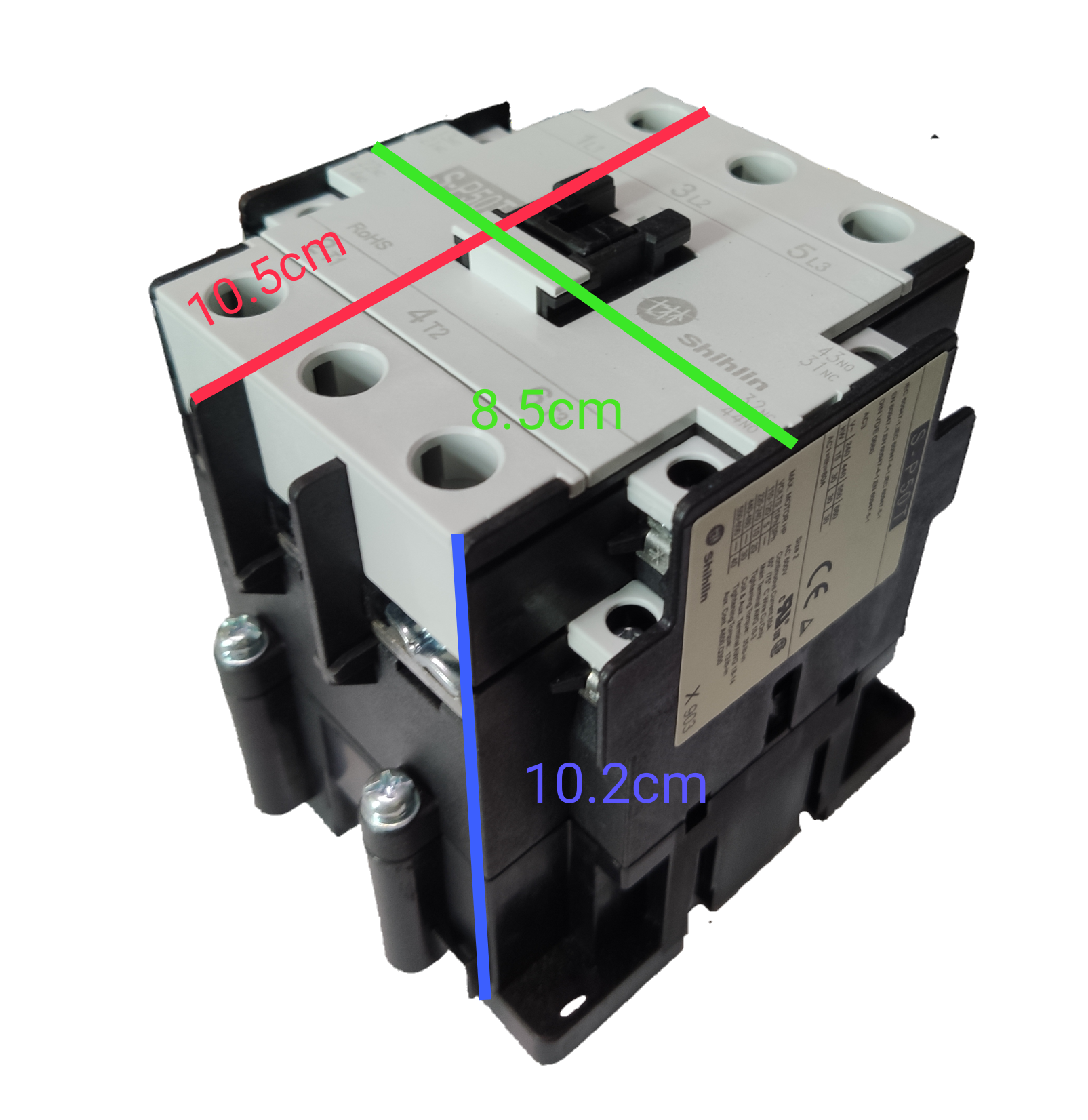 Shihlin Magnetic ContactorS-P50T electrical switch with measurements shown on a black background
