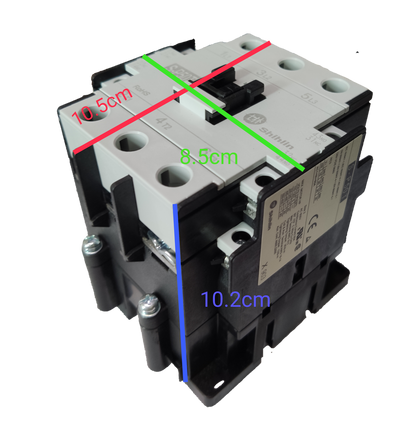 Shihlin Magnetic ContactorS-P50T electrical switch with measurements shown on a black background