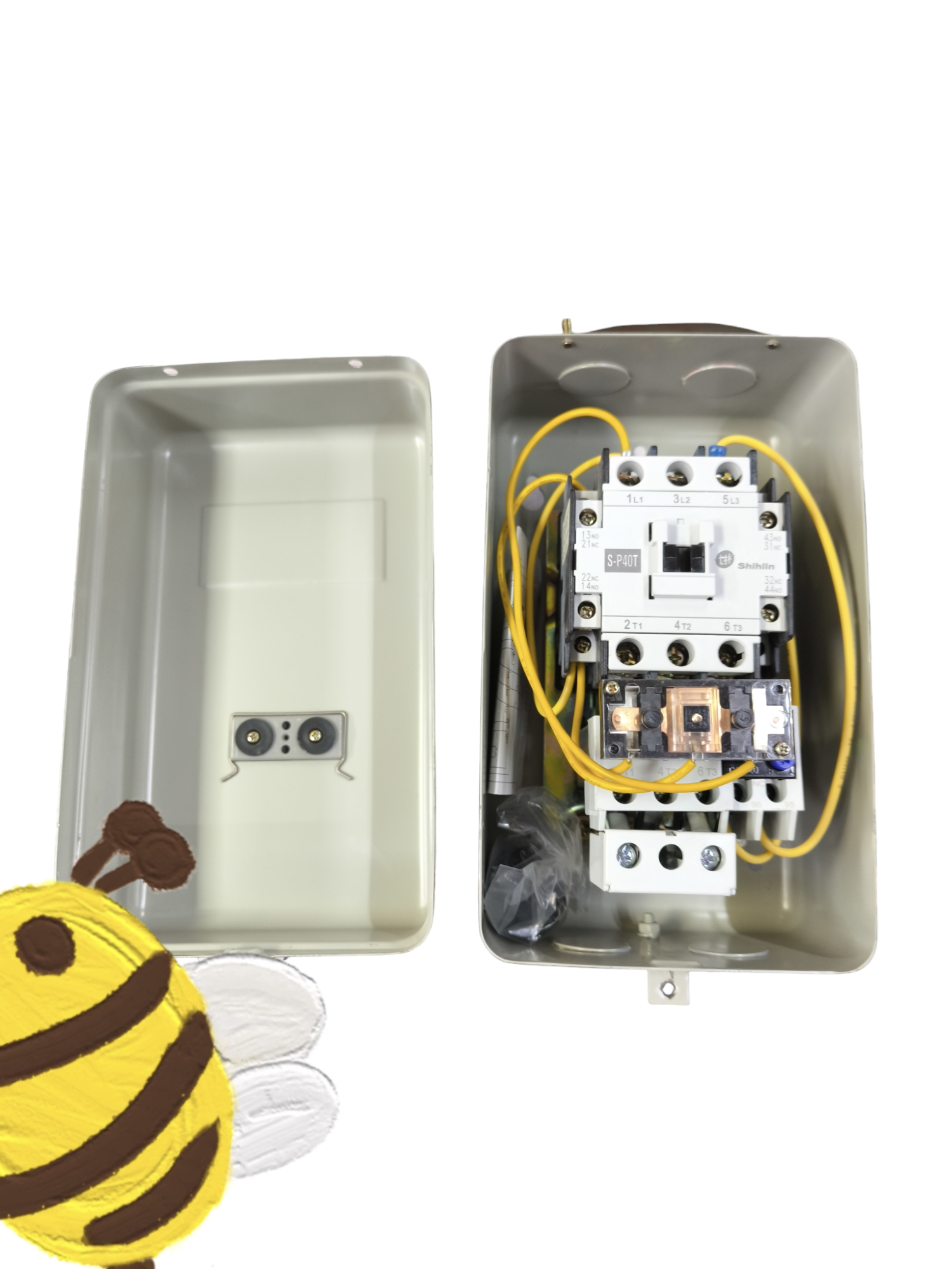 Shihlin Magnetic Starter 40A 15HP 220V power switch with yellow wiring inside a gray protective casing