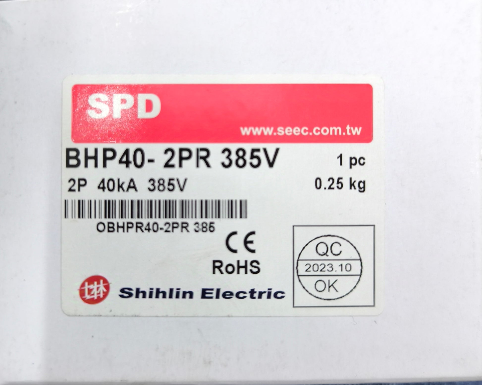 Shihlin Surge Protective Device SPD model BHP40-2PR 385V with 2P 40kA rating and RoHS certification
