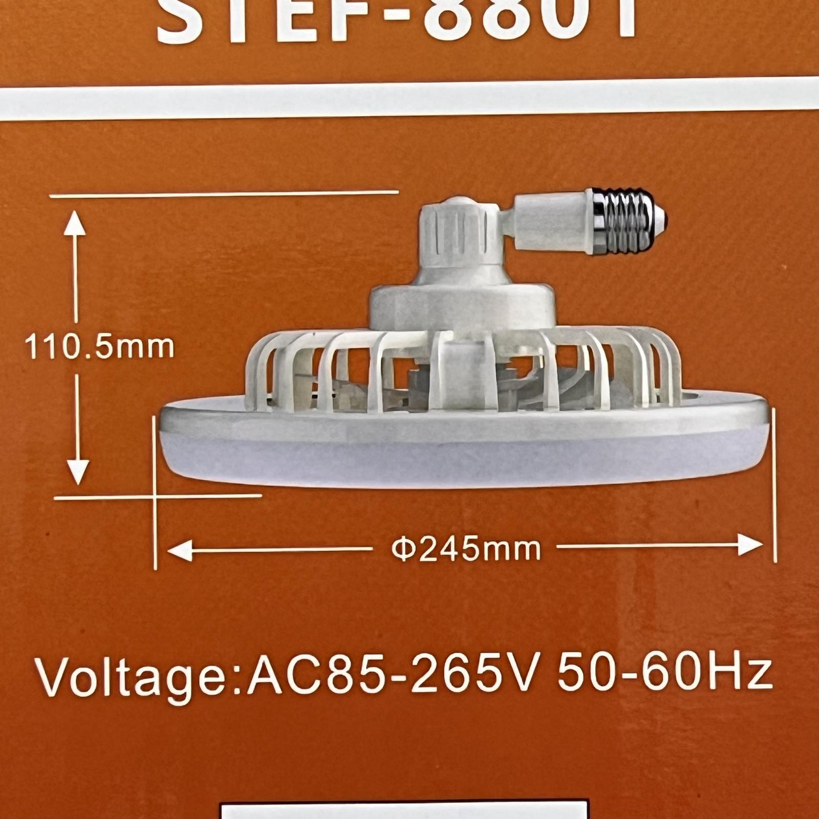 Shuta LED Light with Fan and Fragrance Scent showing dimensions and voltage specifications
