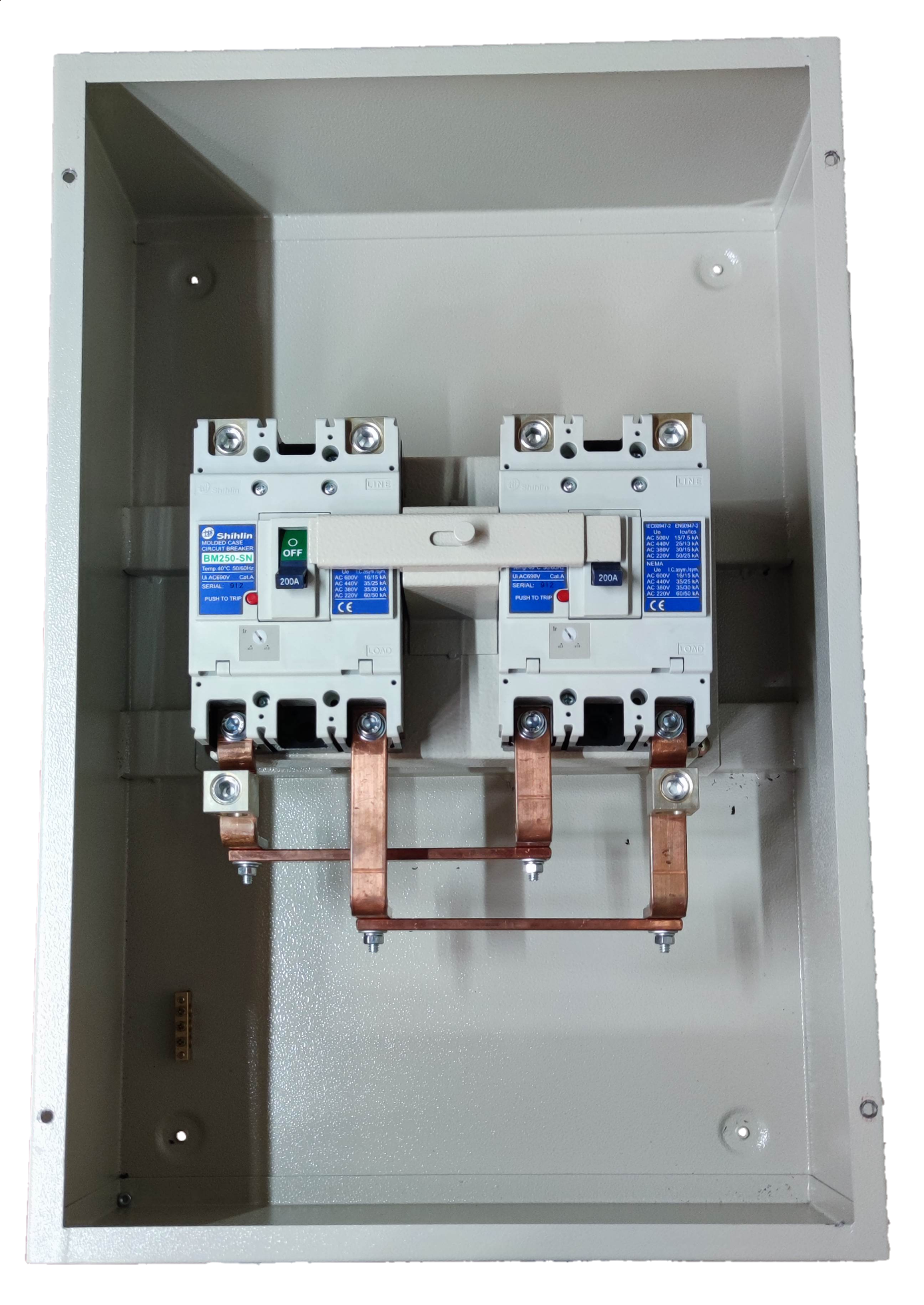 Shihlin 200A MTS 2 Pole Single Pole electrical circuit breaker inside protective metal enclosure