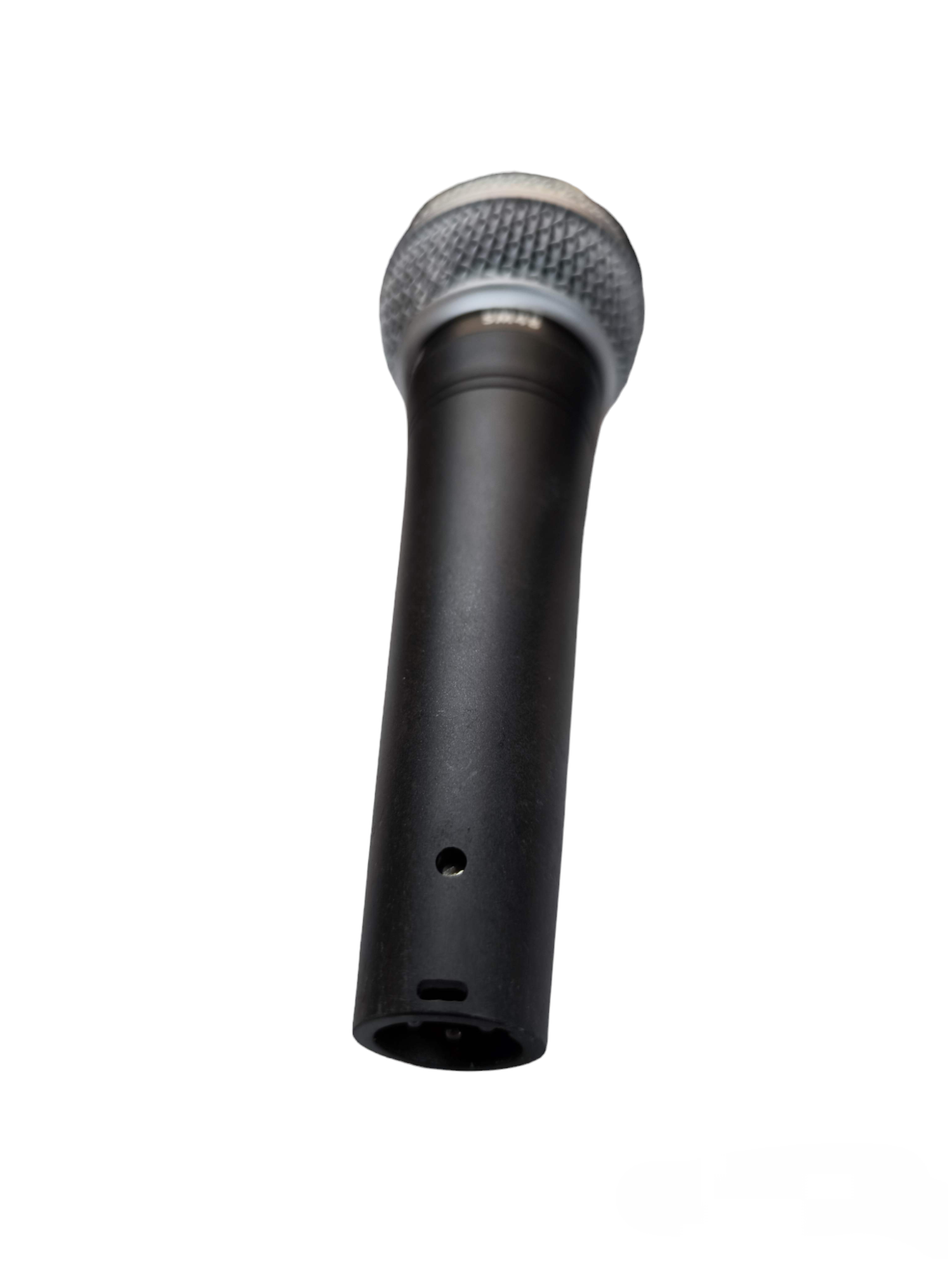 Shure Microphone Condenser with black body and silver mesh grille isolated on white background