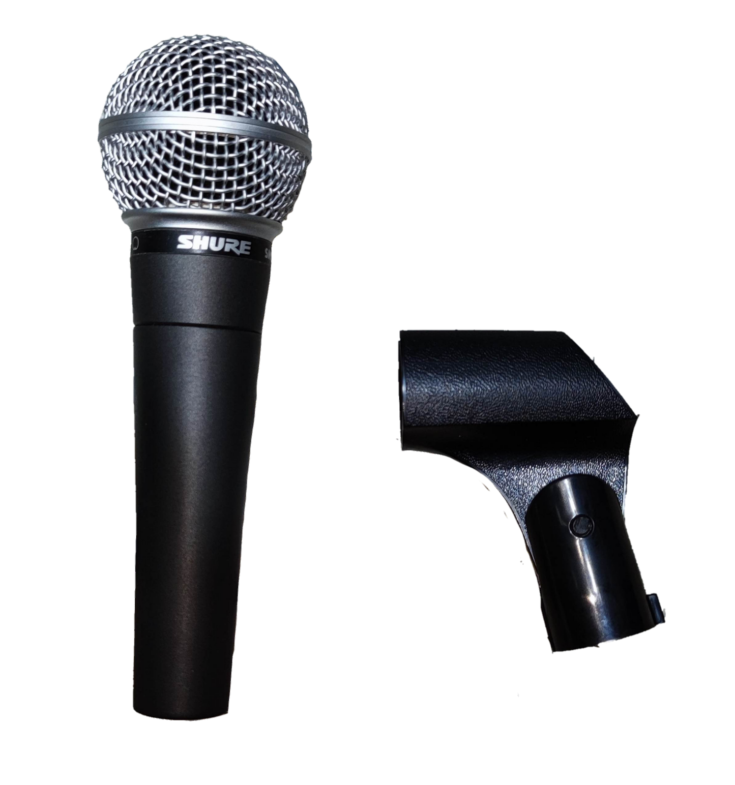 Himel microphone with microphone holder featuring a black handle and silver mesh grille on black background