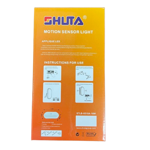 Shuta 18W Motion Sensor LED Light Oval packaging with usage instructions on an orange background