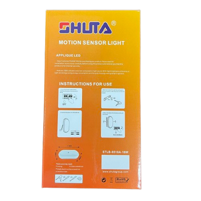 Shuta 18W Motion Sensor LED Light Oval packaging with usage instructions on an orange background