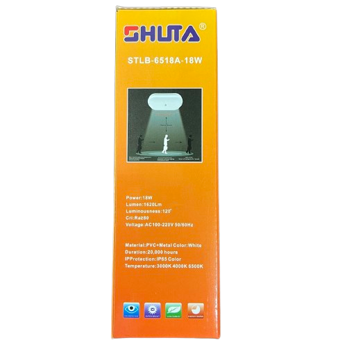 Shuta 18W Motion Sensor LED Light Oval packaging box with product specifications and orange background