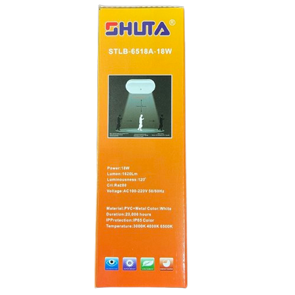Shuta 18W Motion Sensor LED Light Oval packaging box with product specifications and orange background