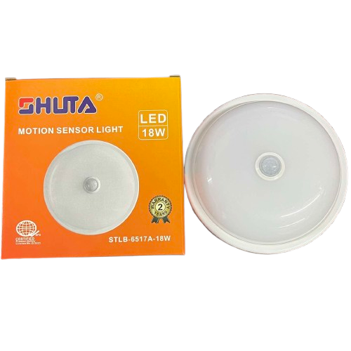 Shuta 18W Motion Sensor LED Light Round with white casing and sensor on orange packaging box