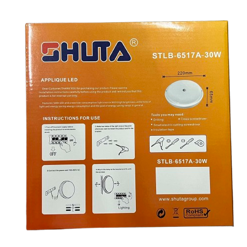 Shuta 30W MOTION SENSOR LED LIGHT with round white design and installation instructions on orange packaging