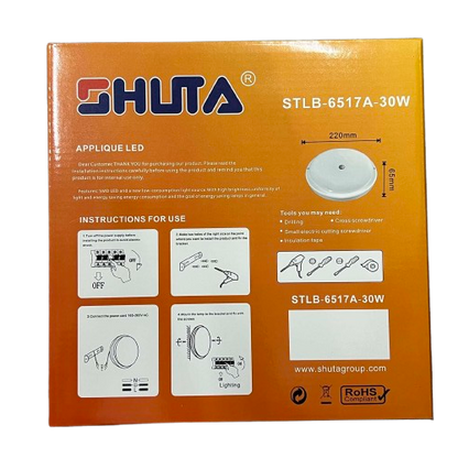 Shuta 30W MOTION SENSOR LED LIGHT with round white design and installation instructions on orange packaging