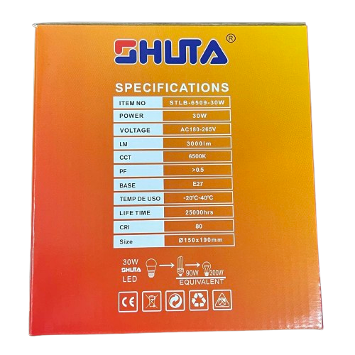 Shuta Globe LED Bulb E27 30W 180-265V packaging showing specifications and features