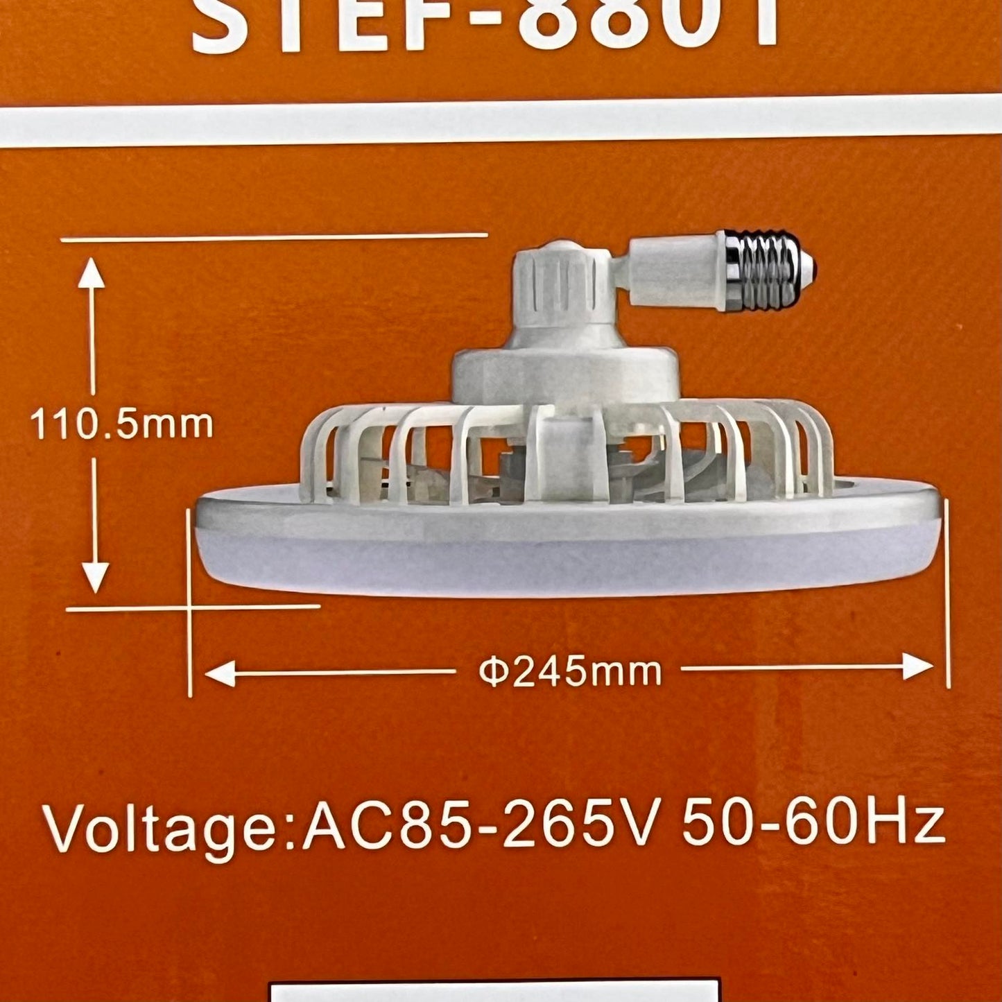 Shuta LED Light with Fan and Fragrance Scent showing dimensions and voltage details