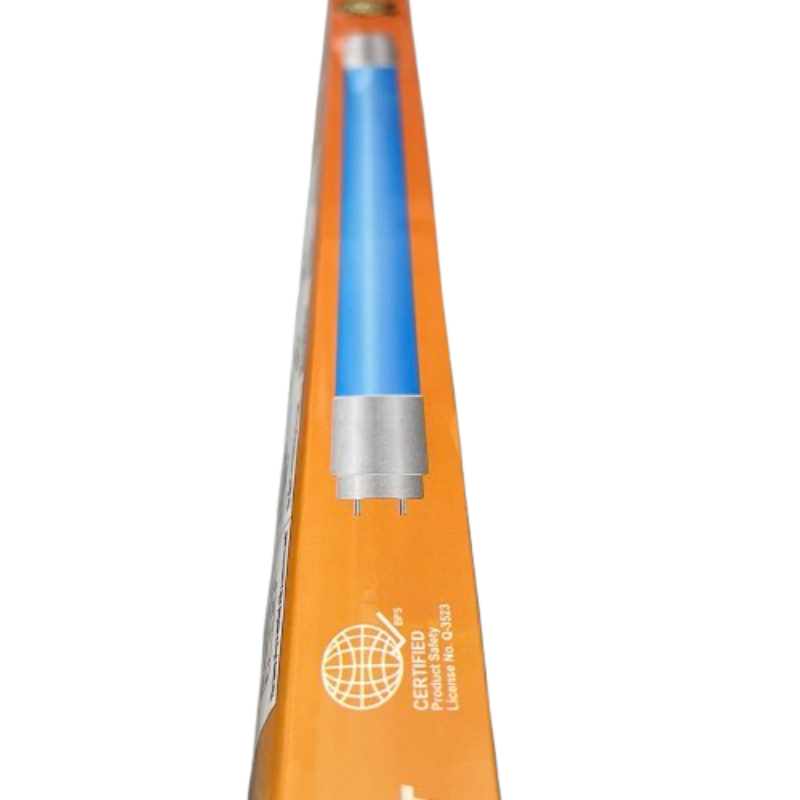 Shuta T8 LED Tube Light 9W Double Ended in blue with silver caps packaged in an orange box