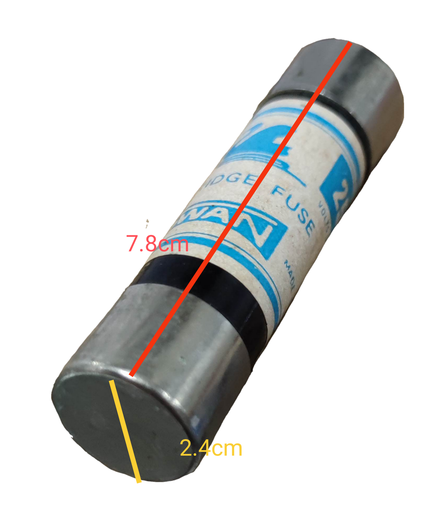 Swan 60A Cartilage Fuse 250V electrical component with metal end caps and rated dimensions