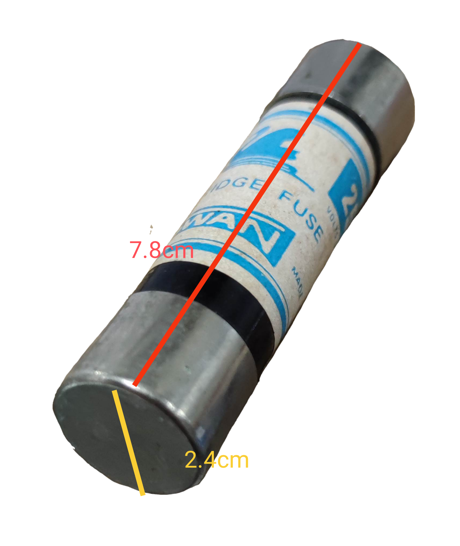 Swan 60A Cartilage Fuse 250V electrical component with metal end caps and rated dimensions