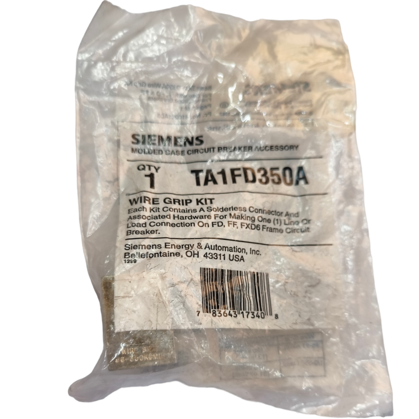 Siemens Mechanical Lug 1 Holes AWG 6 wire grip kit packaged for electrical circuitry parts