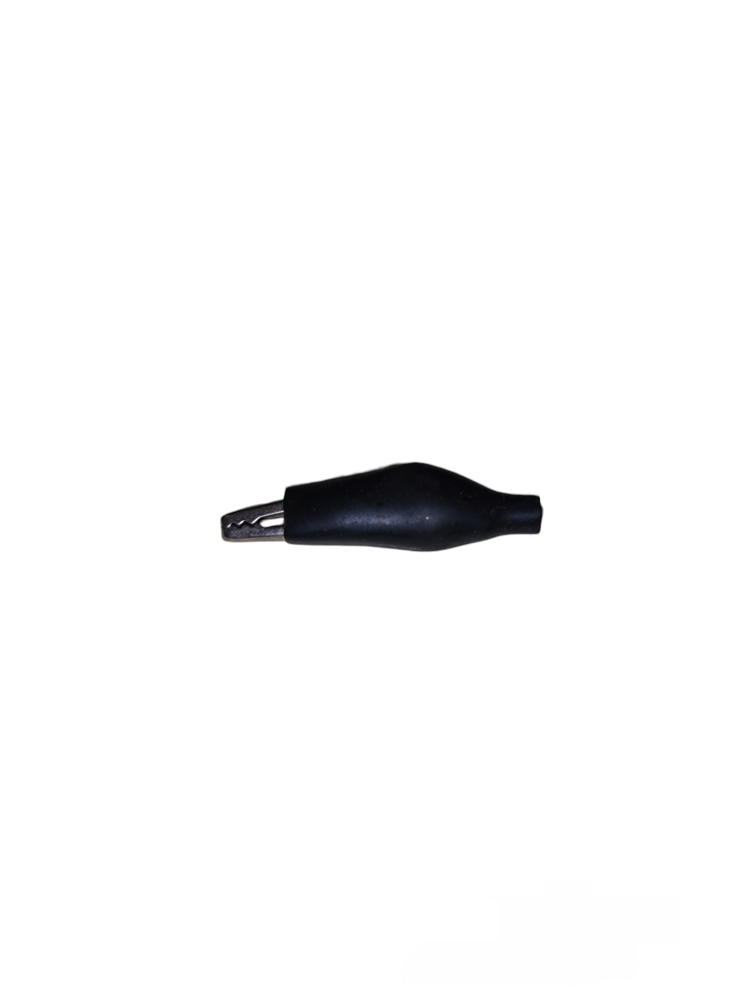 Small alligator clip with black insulated cover for electrical circuitry parts