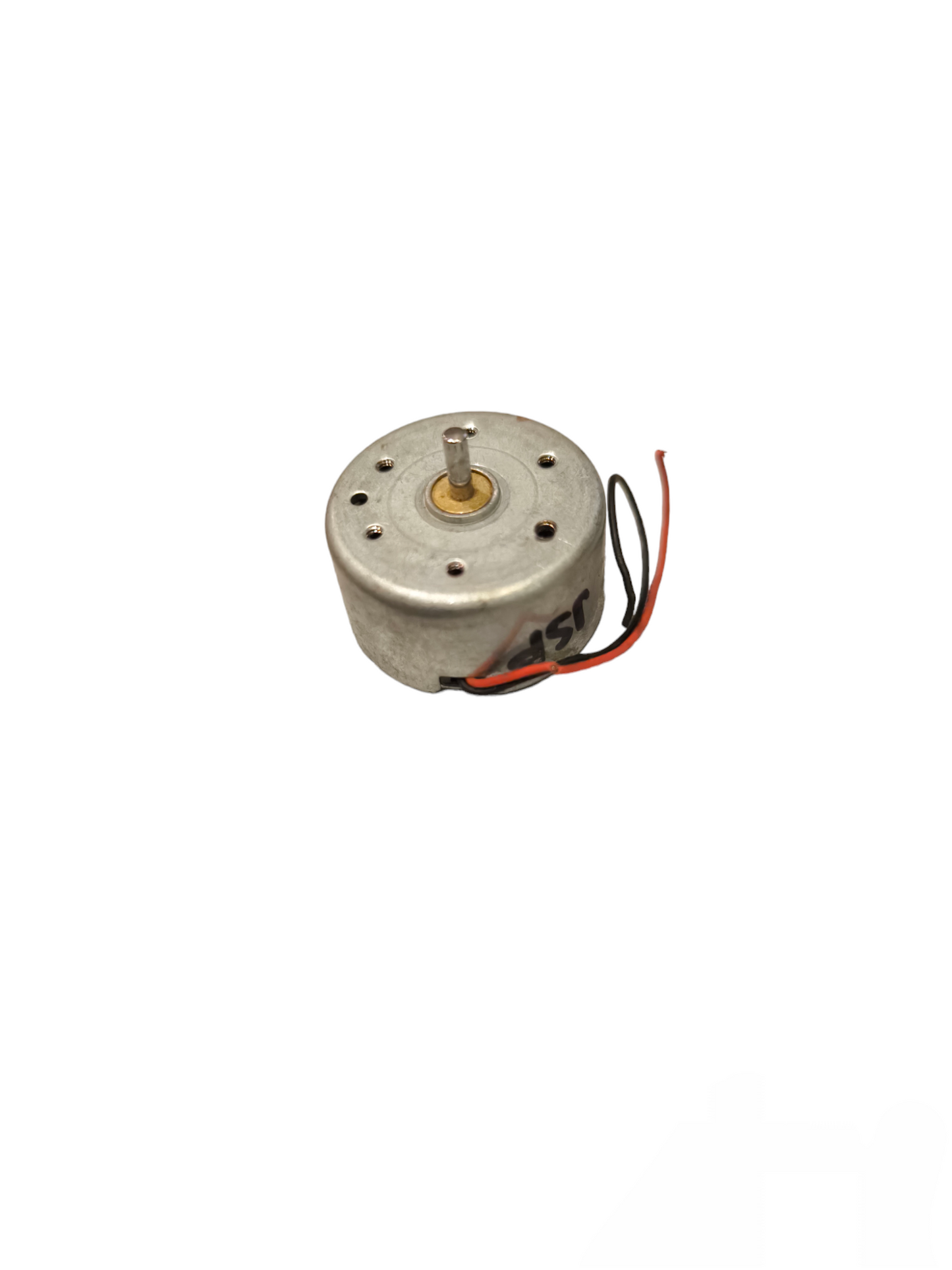 Small Motor 12V DC in metal casing with black and red wires for electrical circuitry