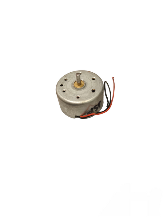 Small Motor 12V DC in metal casing with black and red wires for electrical circuitry