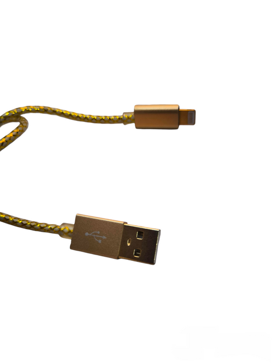Gold braided smart phone charging cord with USB and lightning connectors for fast charging