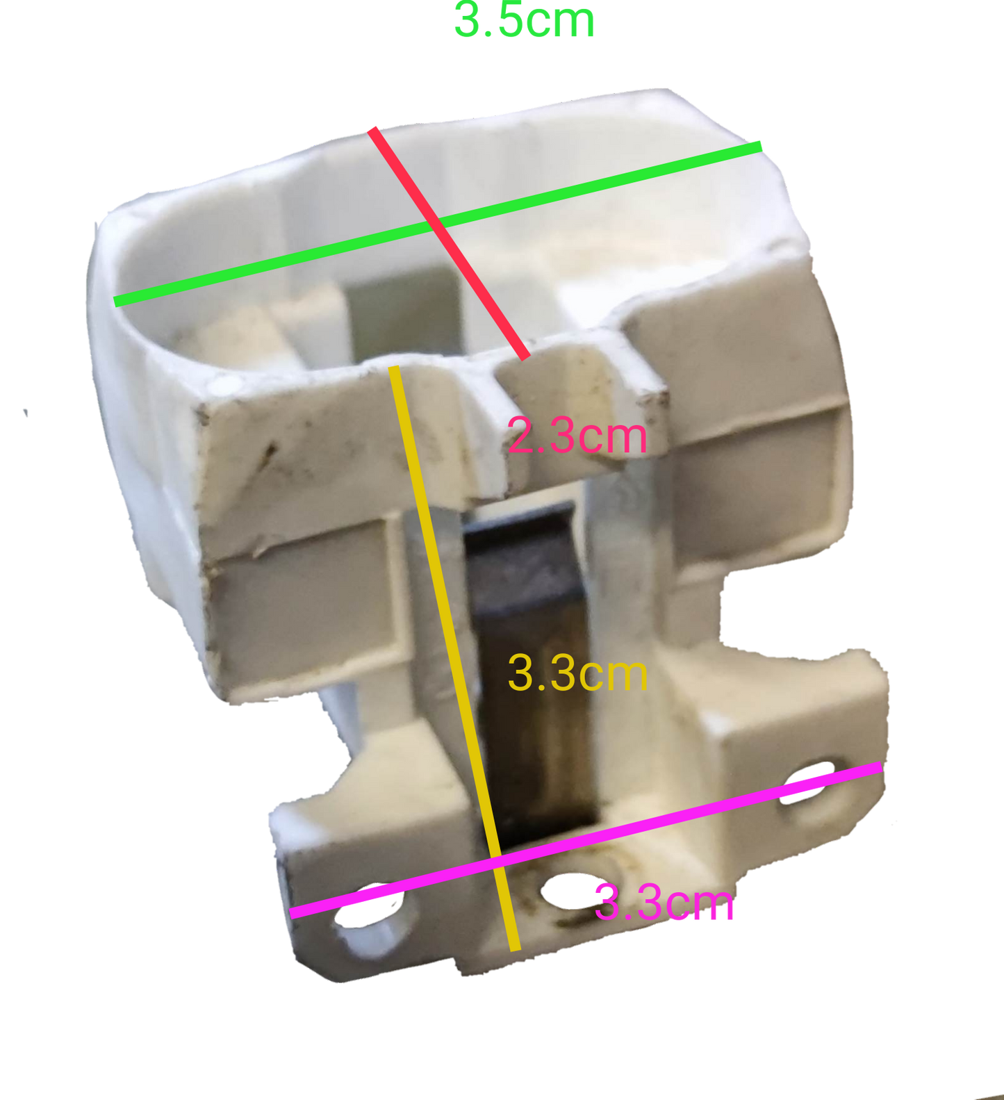 White Socket for PL Lights G23 with precise dimensions for lighting installation and accessories