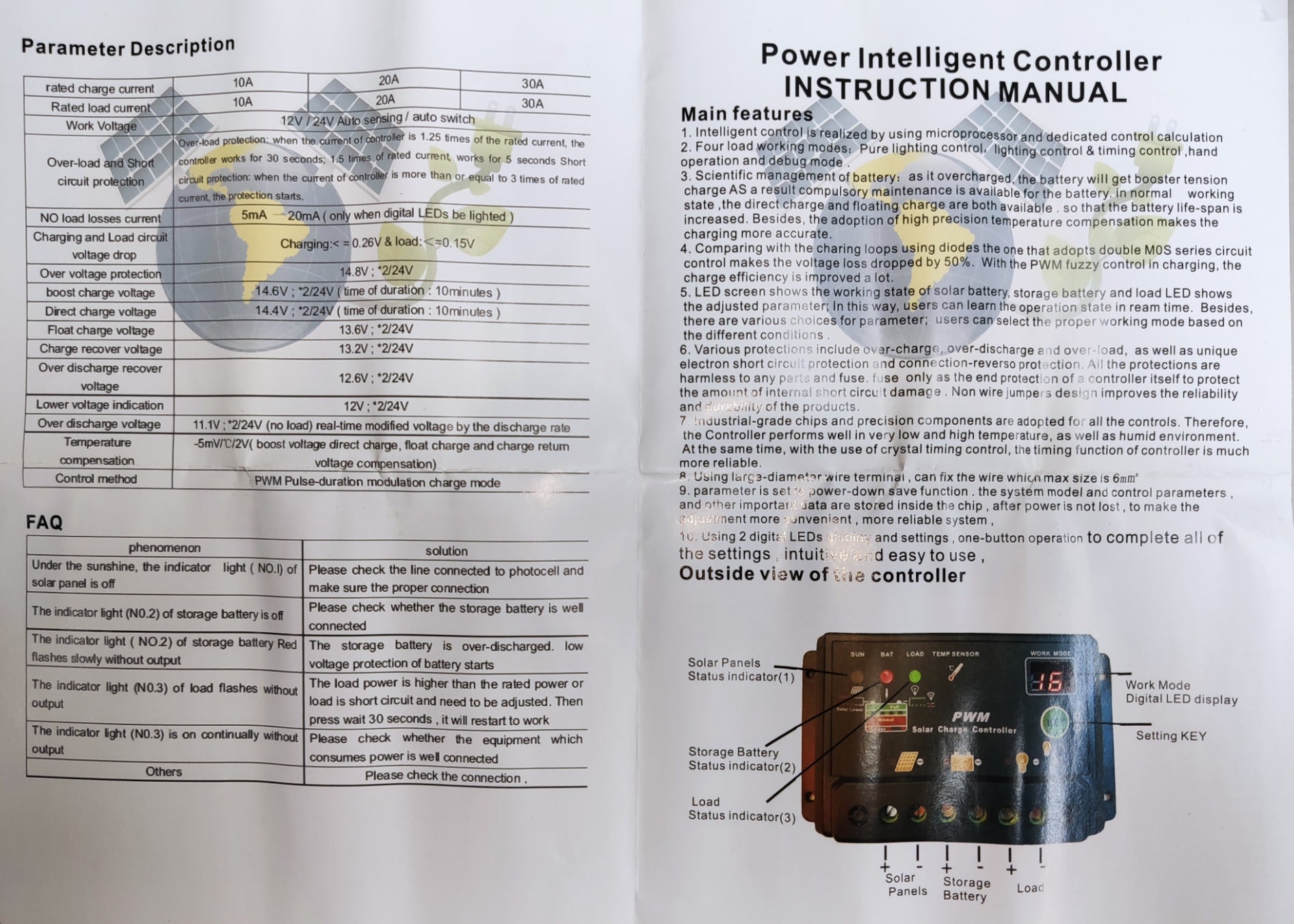 ZwitseRise Solar Charge Controller PWM with Power Intelligent Controller instruction manual and device display