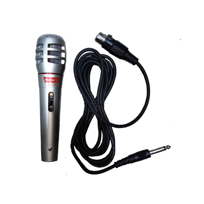 Sony microphone with microphone cord featuring a silver handheld design and on off switch