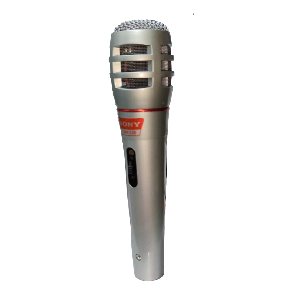 Sony microphone with microphone cord featuring a silver grille and cylindrical body for clear audio capture