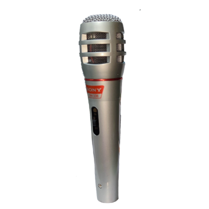 Sony microphone with microphone cord featuring a silver grille and cylindrical body for clear audio capture