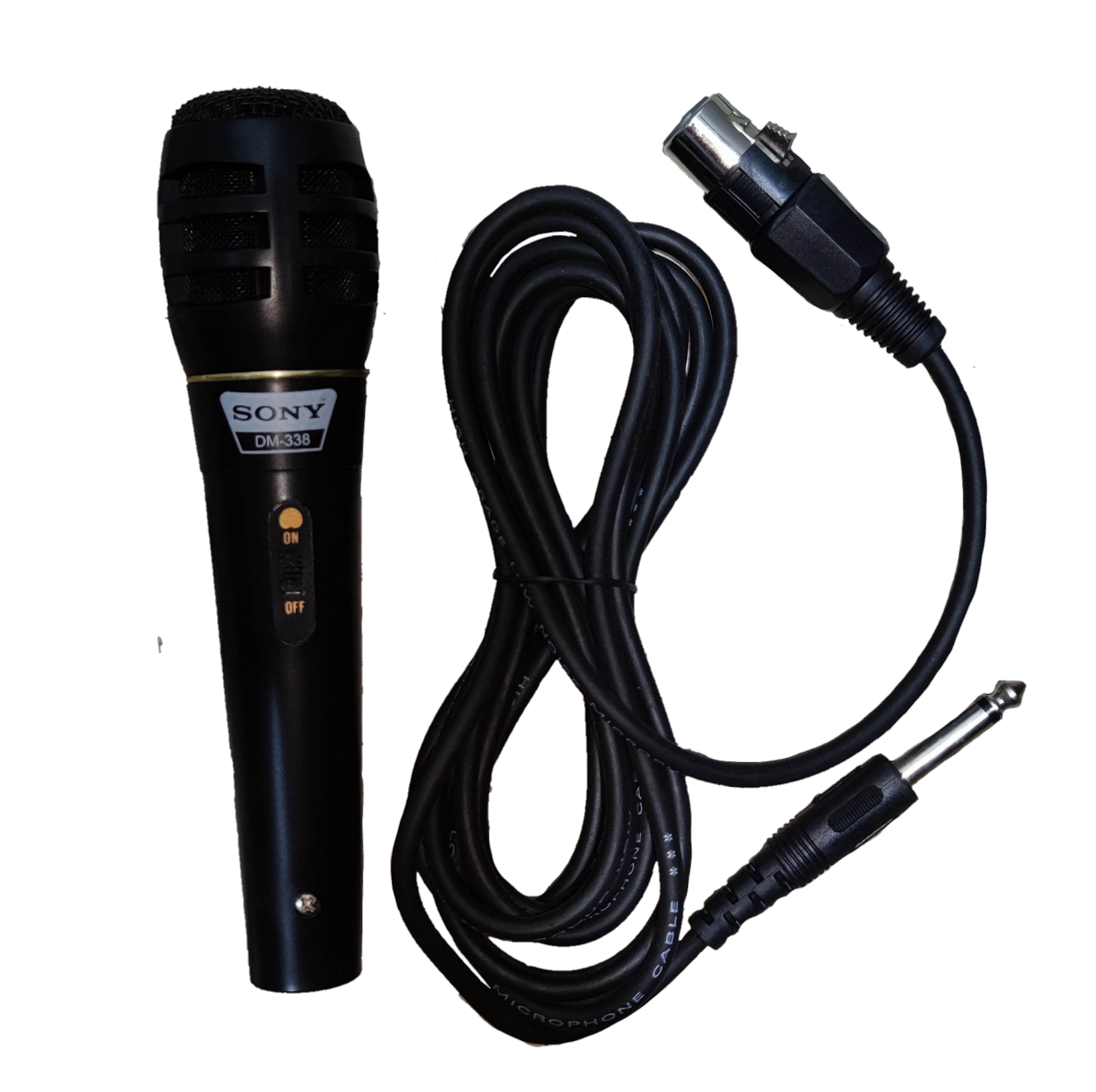 Sony microphone with microphone cord featuring on and off switch and XLR to 1/4 inch plug