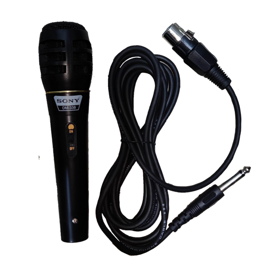 Sony microphone with microphone cord featuring on and off switch and XLR to 1/4 inch plug