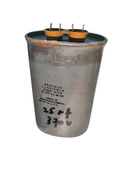 Sprague 25uF 370V Motor Capacitor with metal casing and three electrical terminals