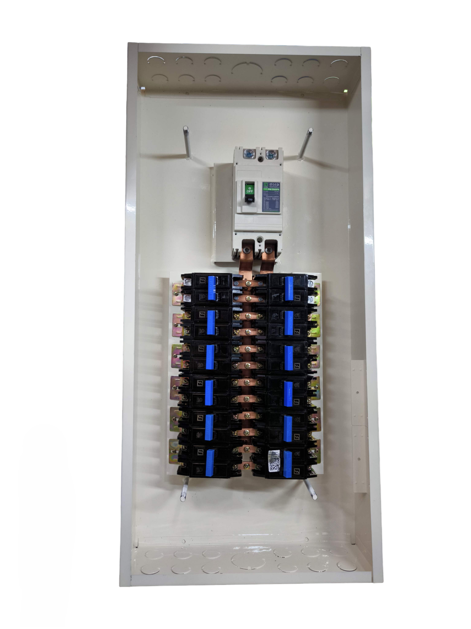 Koten Panel Board 150A 2Pole 250SPS metal enclosure with main breaker top copper bus bars and multiple branch breakers