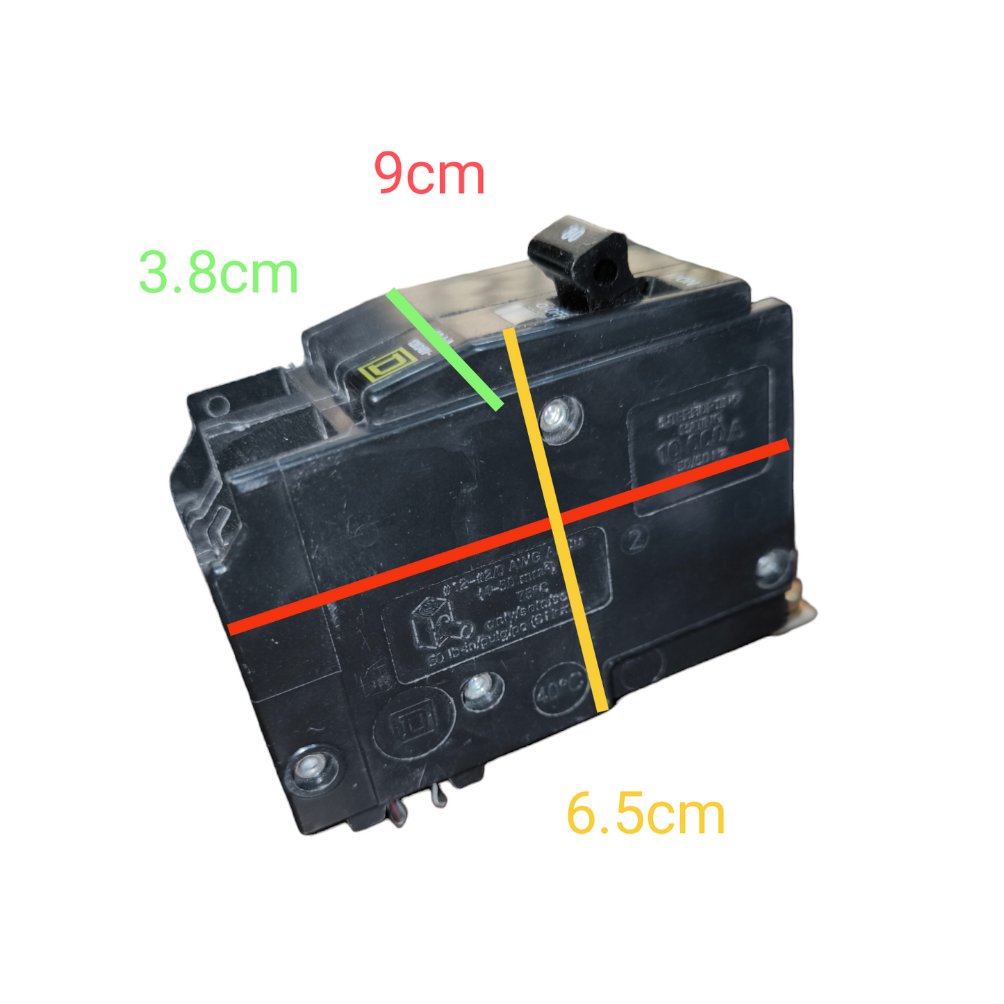 Square D 80A 2Pole Bolt On Circuit Breaker with black casing and measurement markings
