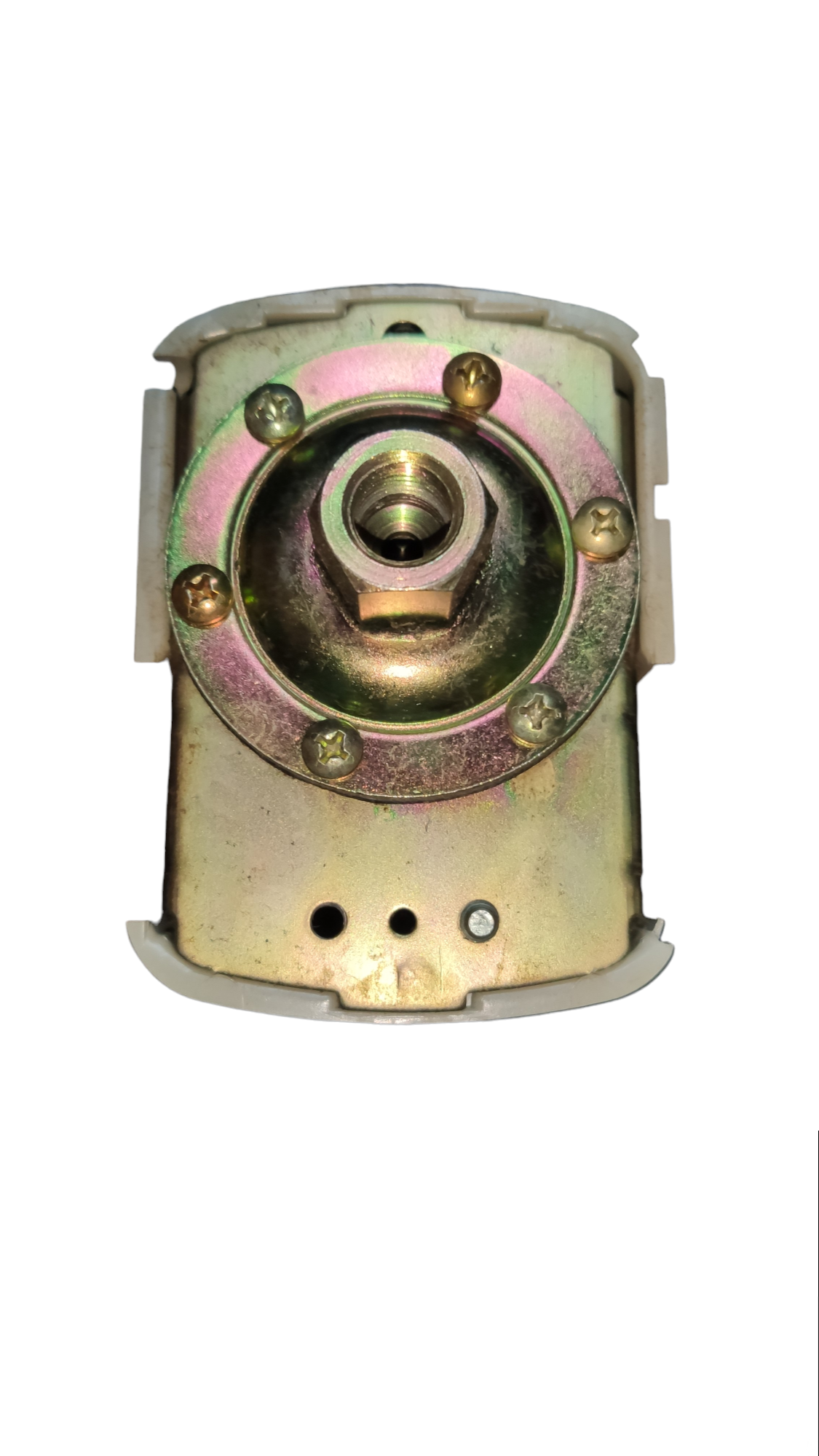 Square D Pressure Switch metal component with mounting holes and threaded central connector