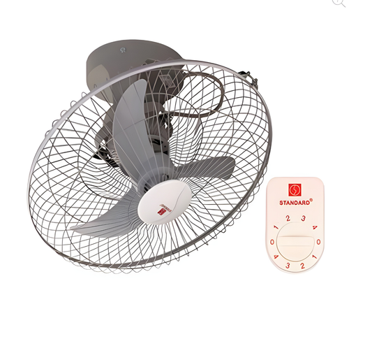 Standard 16 Inches Orbit Fan 220V Banana Blade gray caged unit with protective grill and three speed wall control