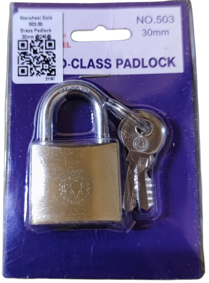 Star Wheel brass padlock with two keys, packaged for security and durability