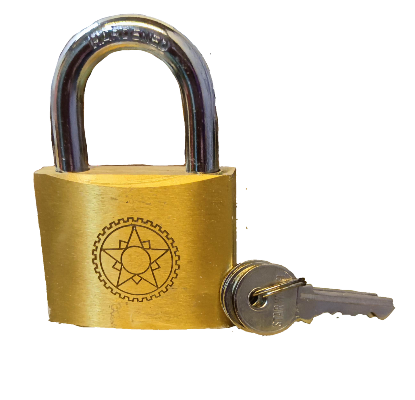 Star Wheel brass padlock with a shiny chrome shackle and matching key for secure locking