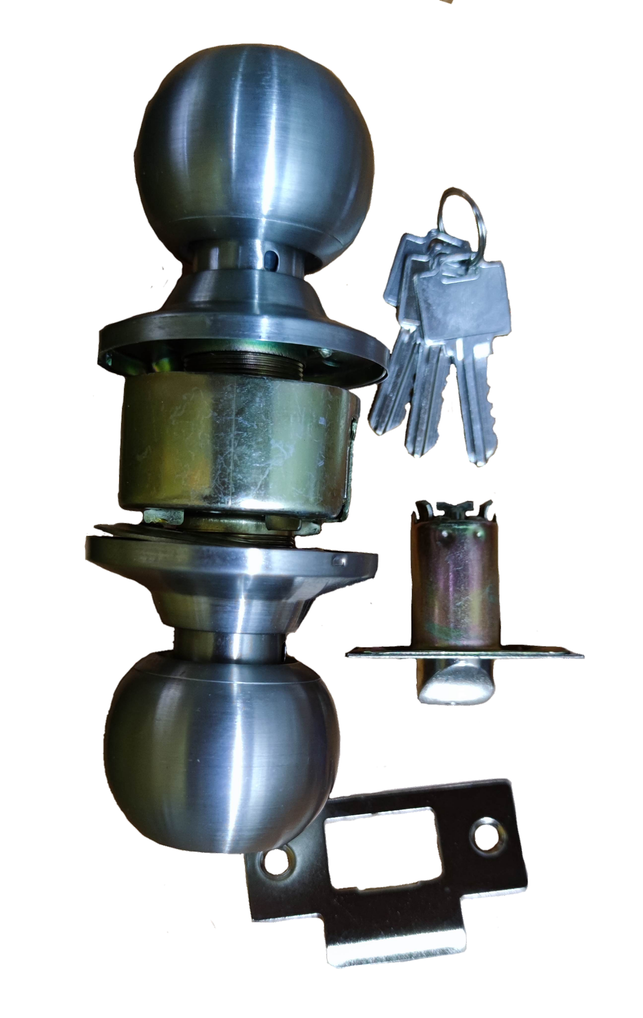 Star Wheel Door Knob set with brushed metal finish including keys and latch components