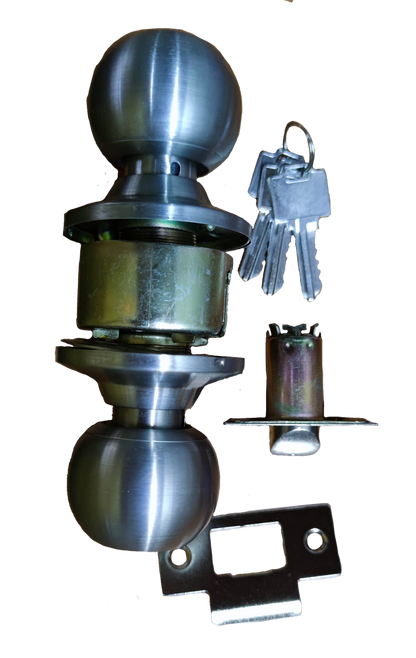 Star Wheel Door Knob set with brushed metal finish including keys and latch components