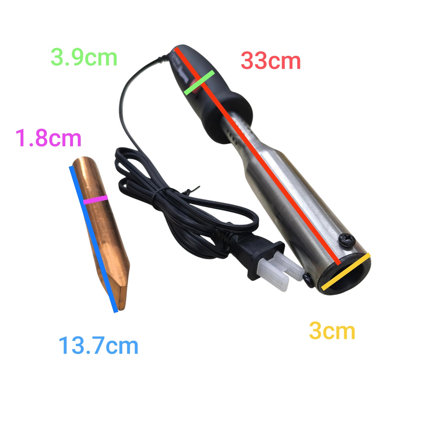 Starktex 200W Soldering Iron 220V with metal body and detachable copper tip showing dimensions