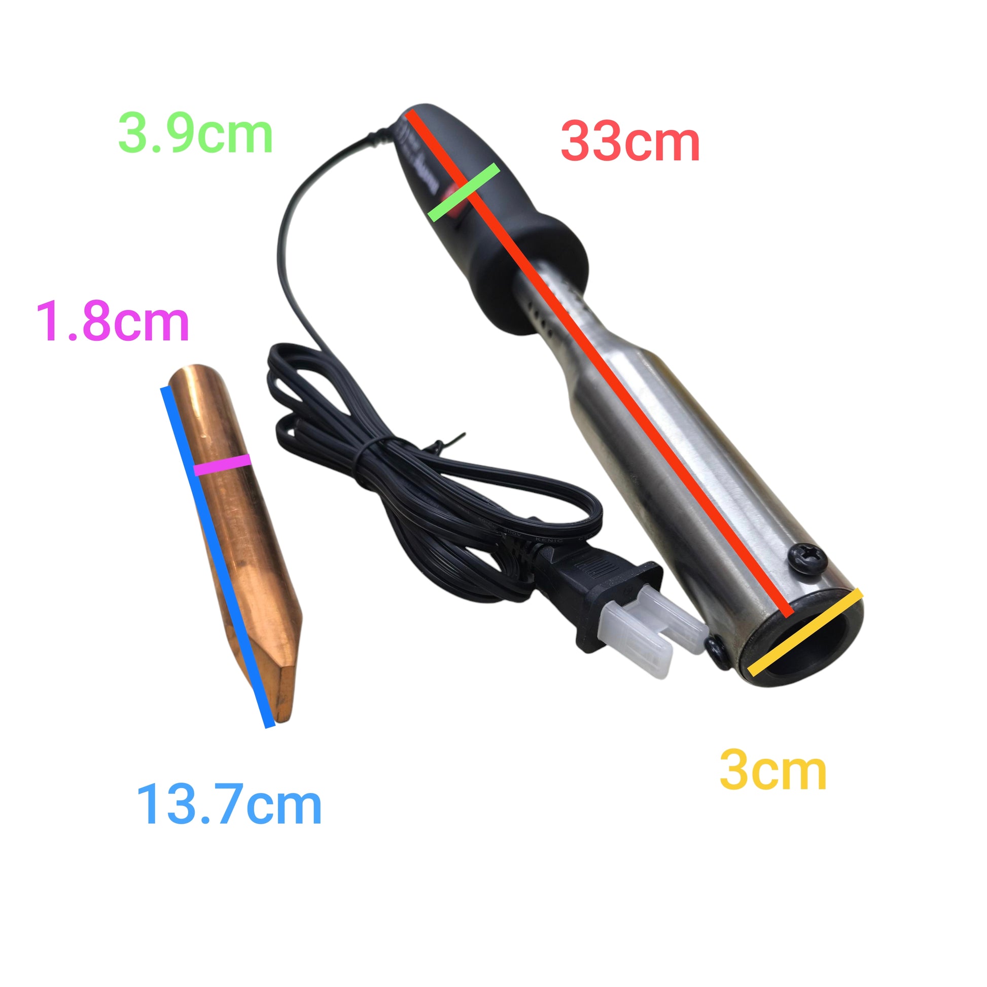 Starktex 200W Soldering Iron 220V with metal body and detachable copper tip showing dimensions
