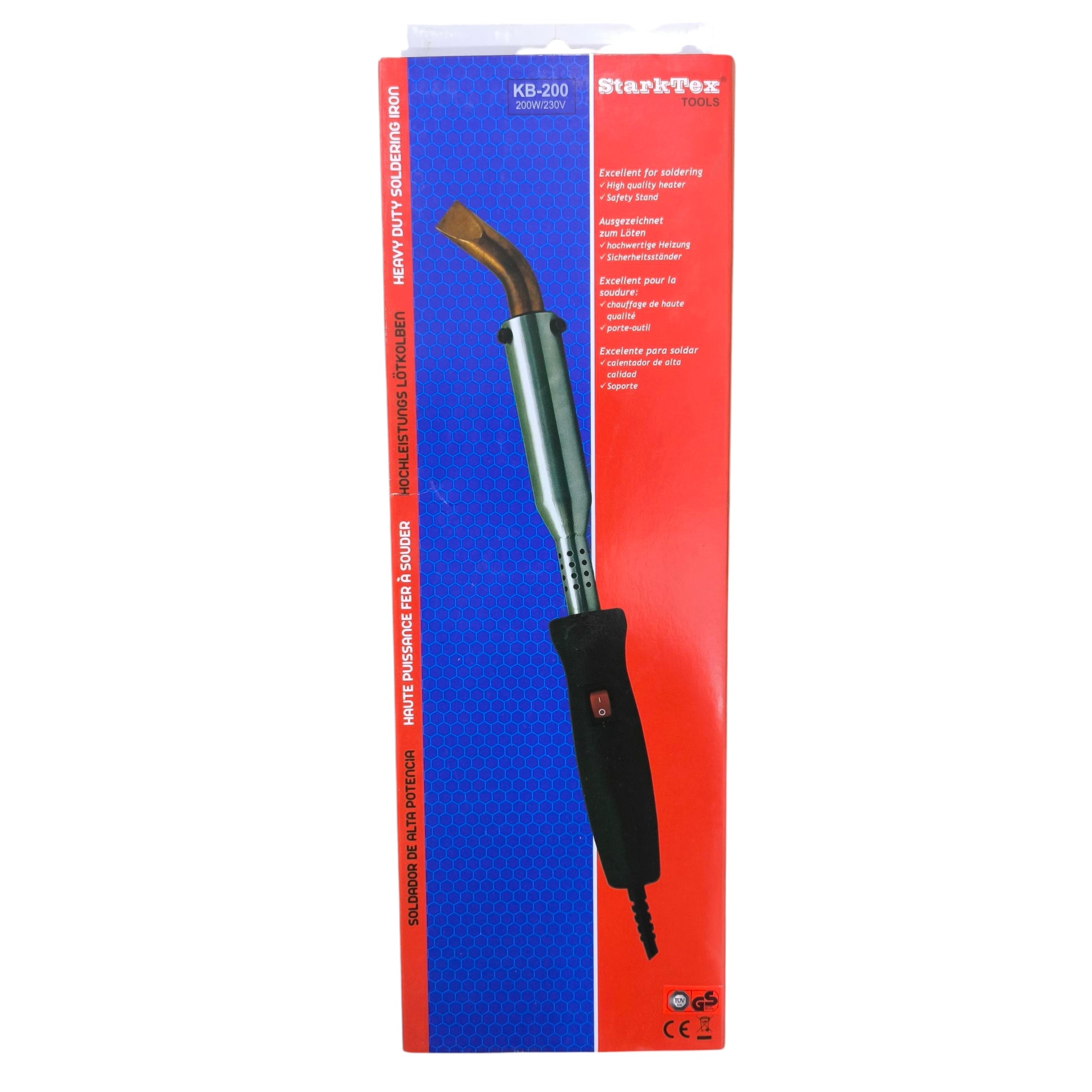 Starktex 200W Soldering Iron 220V with ergonomic black handle and bent metal tip in branded packaging