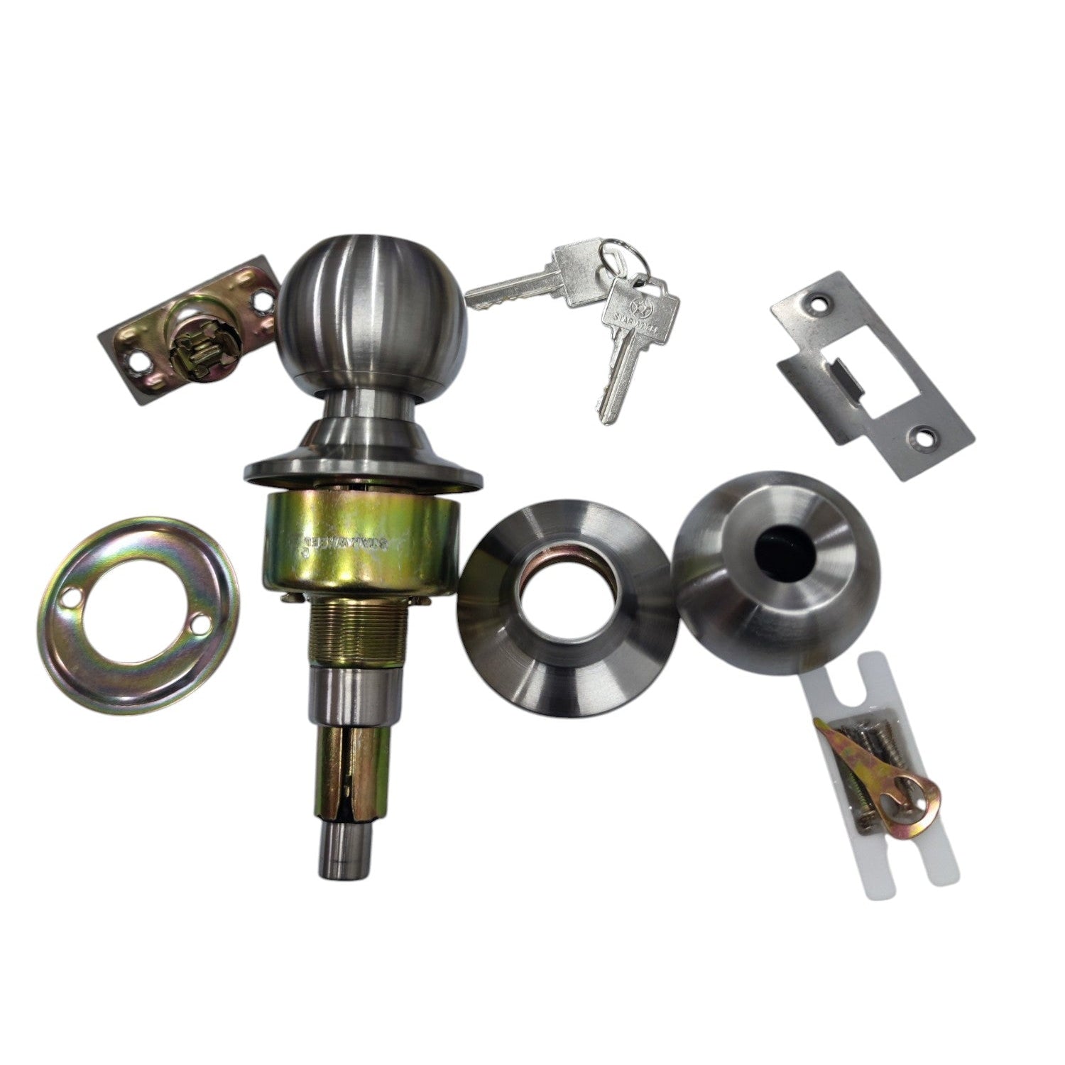 Starwheel Entrance Lockset Door Knob with key, hardware, and components for secure home entry