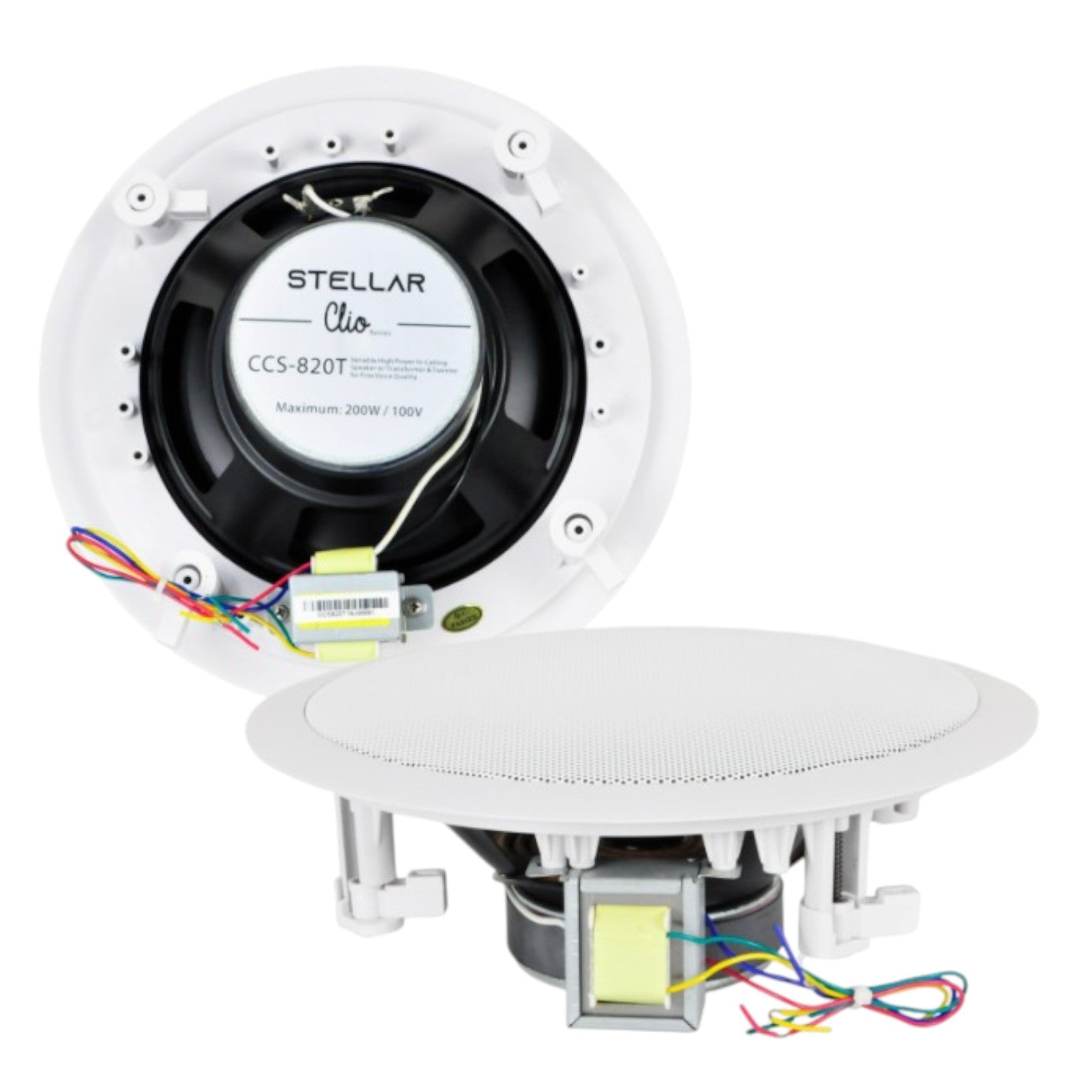 Stellar Clio Series 8 Inches Ceiling Speaker white round ceiling mount showing grille back wiring and transformer