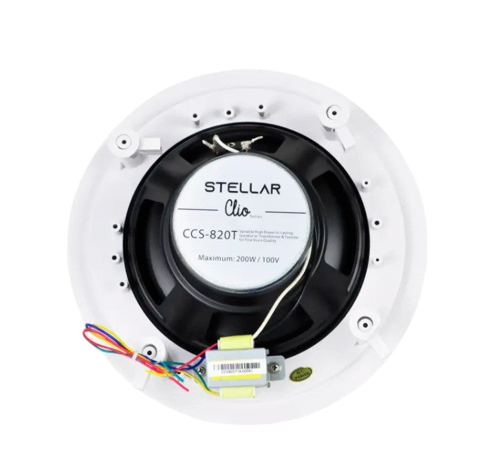 Stellar Clio Series 8 Inches Ceiling Speaker rear showing driver magnet transformer and multicolor wiring for install