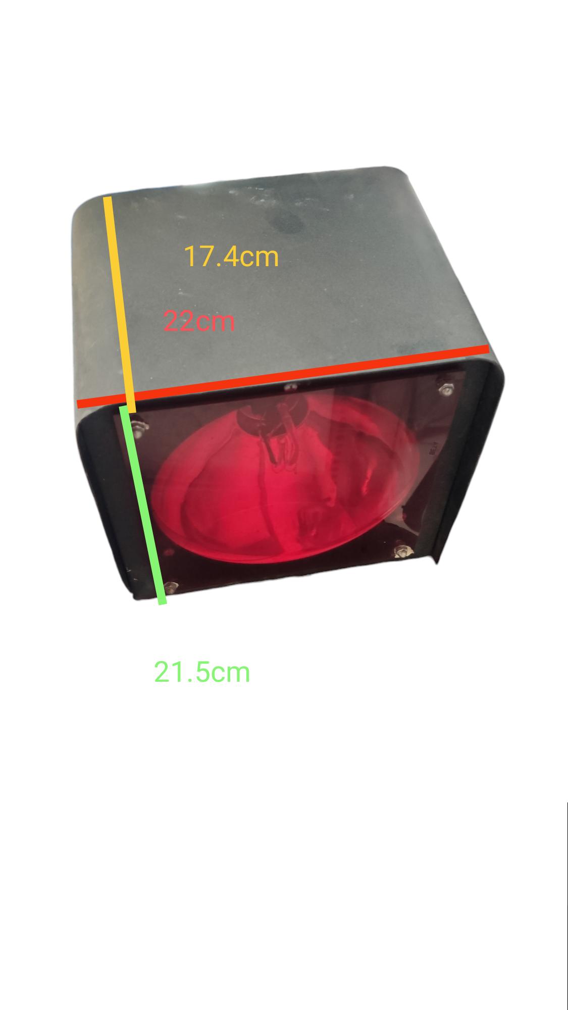 Sub Zero strobe light with red filter 220V in a black metal casing with measurements