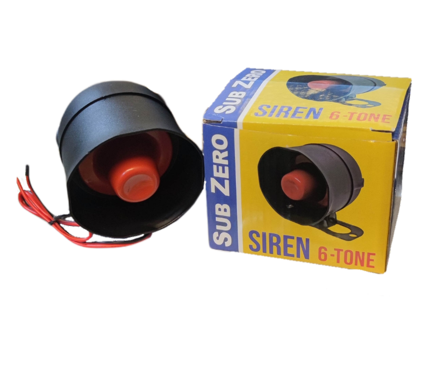 Electx Electrical Supply 12V 6 tone siren with black housing and red center next to yellow product box