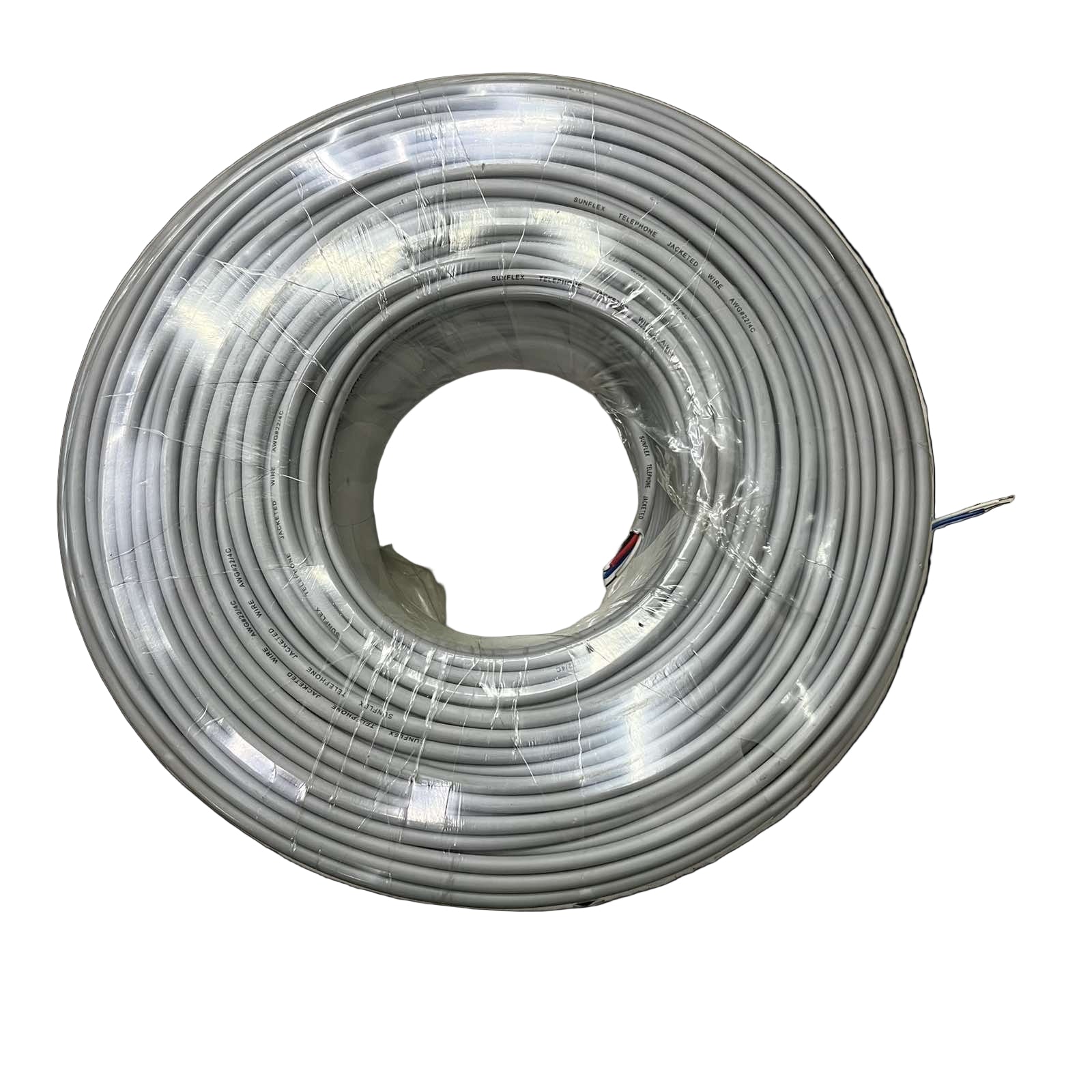 SunFlex hi-pro 22 gauge wire for phones gray telephone cable coil wrapped in clear plastic